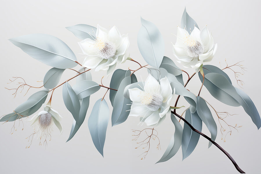 Fiori e foglie bianche su un ramo
