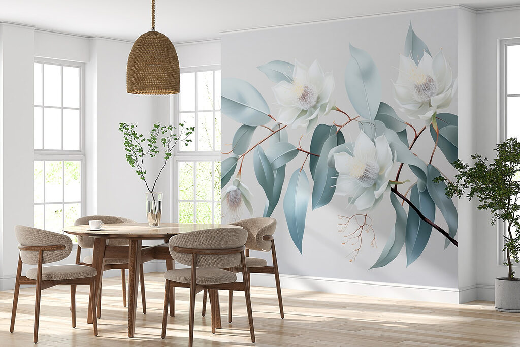 White flowers and leaves on a branch