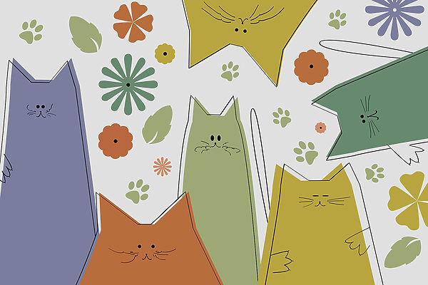 Gruppo di gatti con fiori e foglie Gruppo di gatti con fiori e foglie