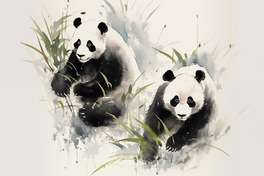 Coppia di panda nell'erba