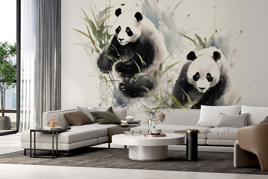 Coppia di panda nell'erba