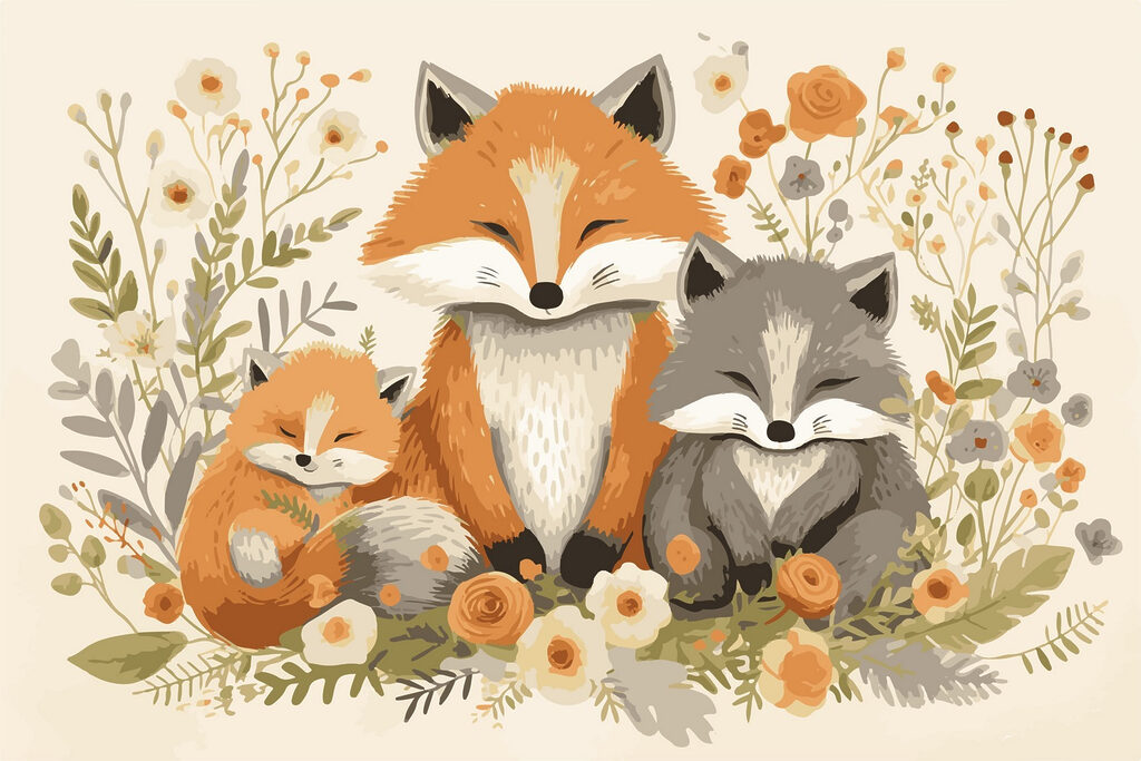 Volpe e cucciolo di volpe seduti tra i fiori Volpe e cucciolo di volpe seduti tra i fiori