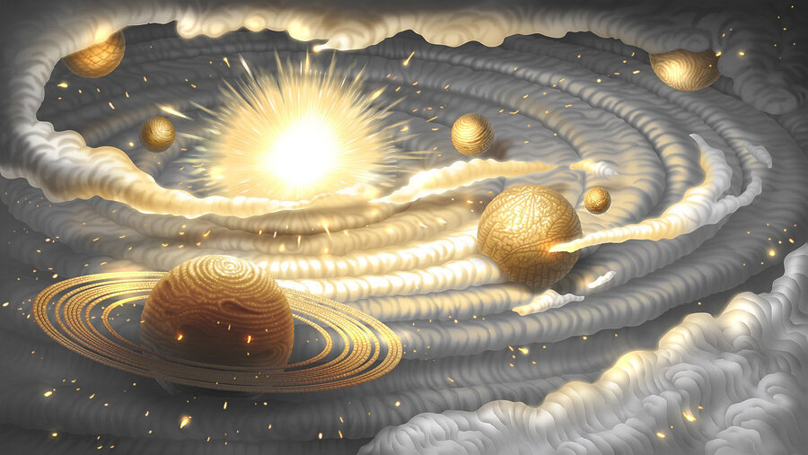 Pianeta con anelli e stelle nel cielo