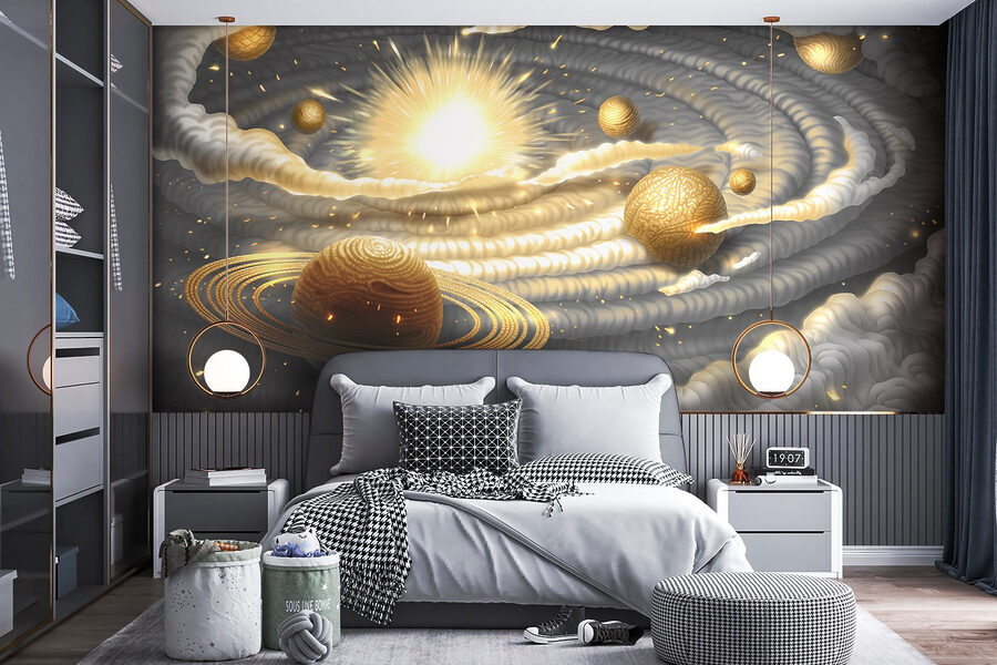 Pianeta con anelli e stelle nel cielo