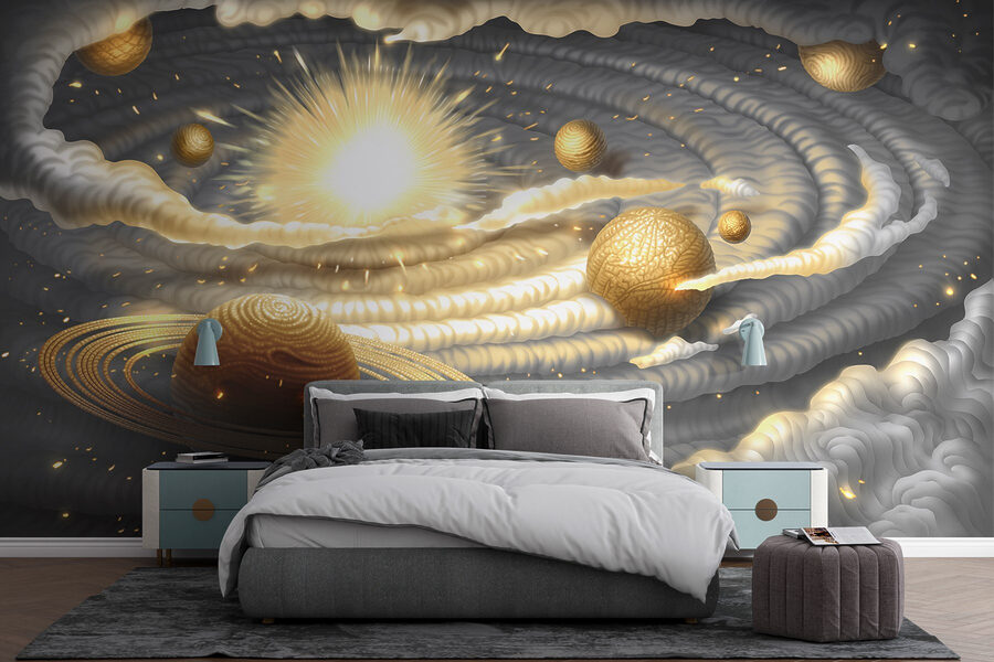 Pianeta con anelli e stelle nel cielo