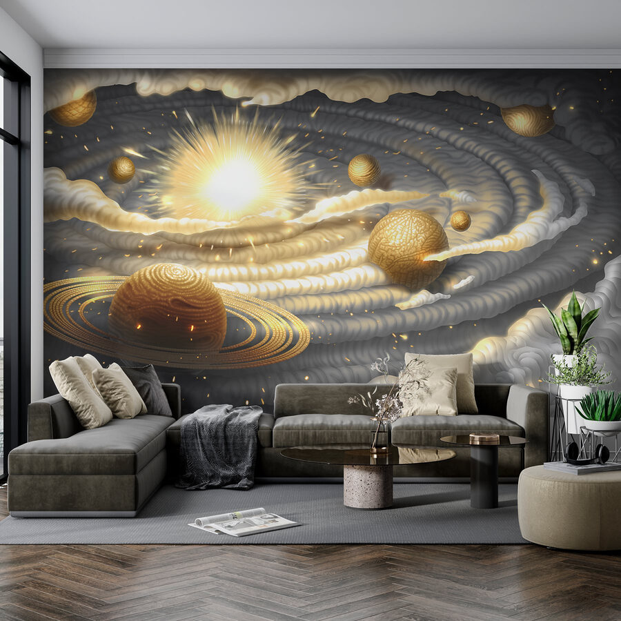 Pianeta con anelli e stelle nel cielo