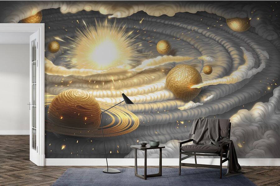 Pianeta con anelli e stelle nel cielo