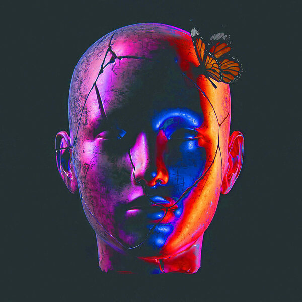 Broken head with a butterfly on it