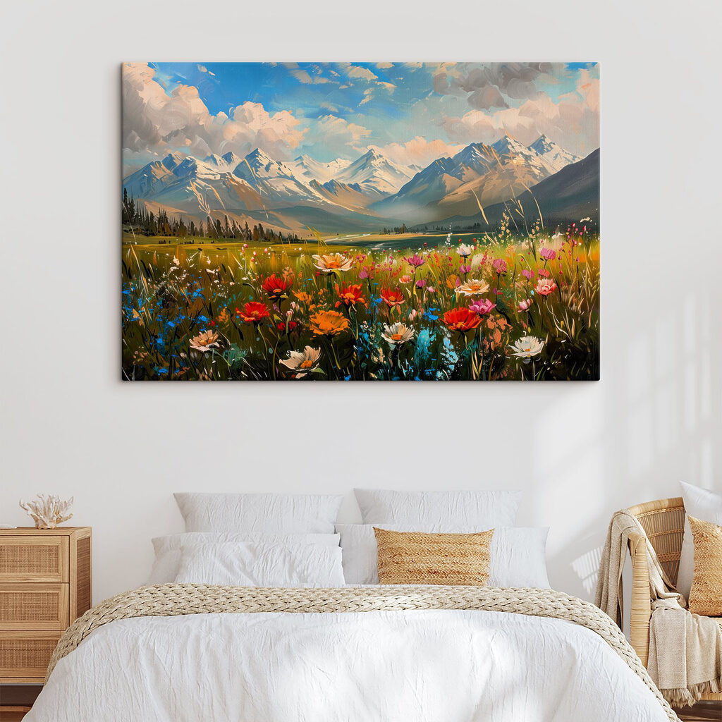 Field of flowers with mountains in the background Field of flowers with mountains in the background