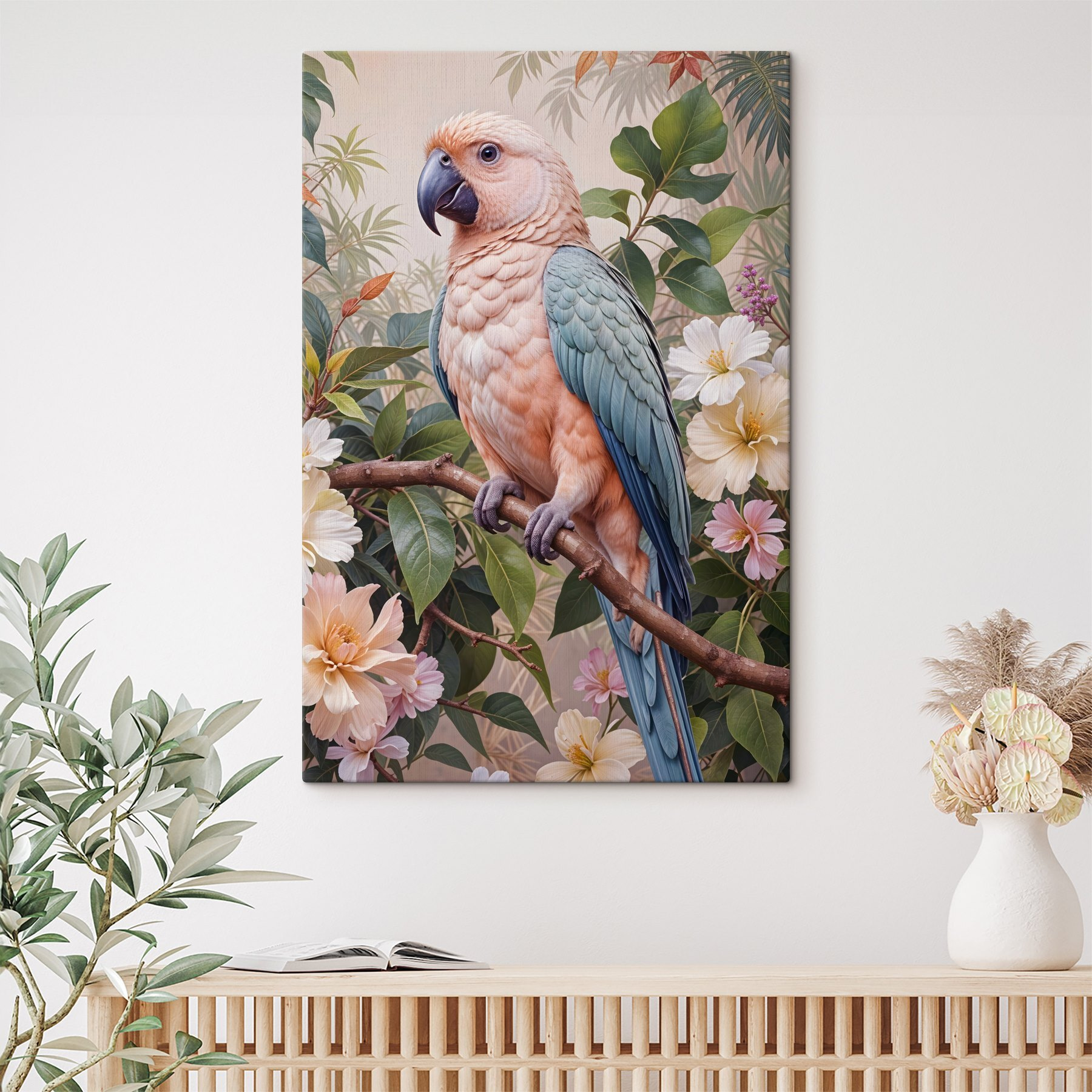 Bird sitting on a branch with flowers Bird sitting on a branch with flowers