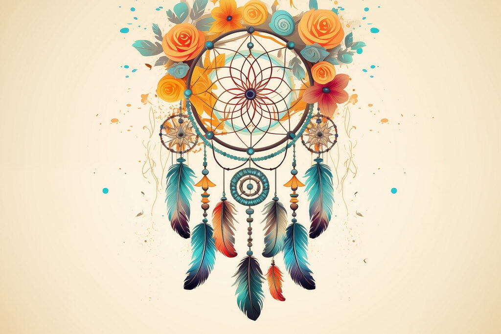 Dream catcher with flowers and feathers