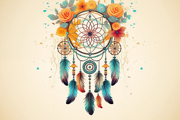 Dream catcher with flowers and feathers
