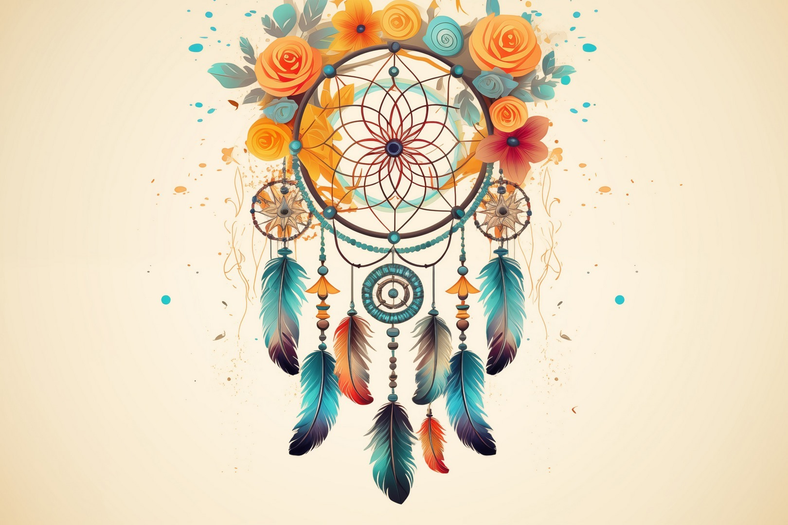 Dream catcher with flowers and feathers