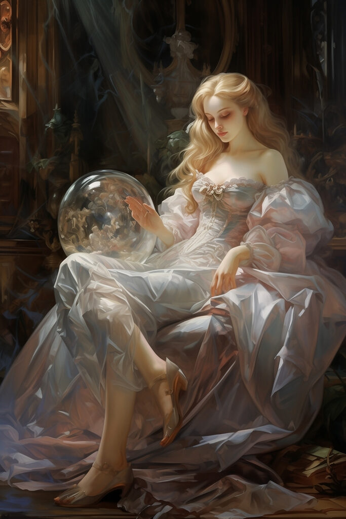 Woman in a dress holding a glass ball Woman in a dress holding a glass ball