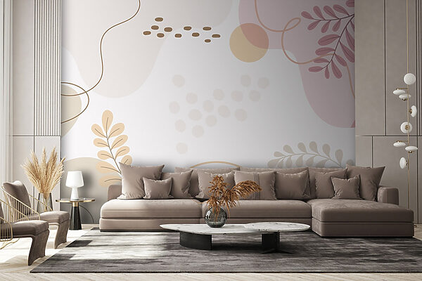 Sfondo bianco con foglie e cerchi rosa e arancioni Sfondo bianco con foglie e cerchi rosa e arancioni