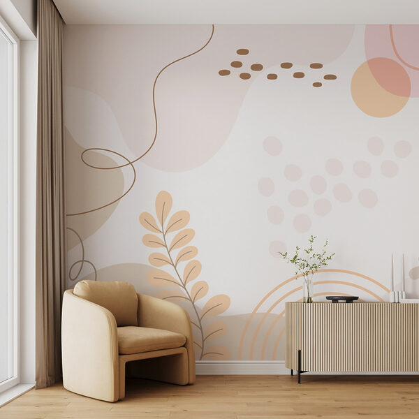 Sfondo bianco con foglie e cerchi rosa e arancioni Sfondo bianco con foglie e cerchi rosa e arancioni