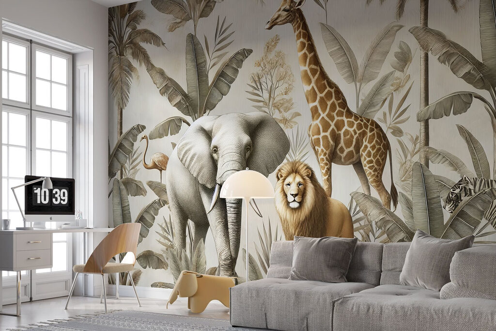 Wallpaper with animals and plants