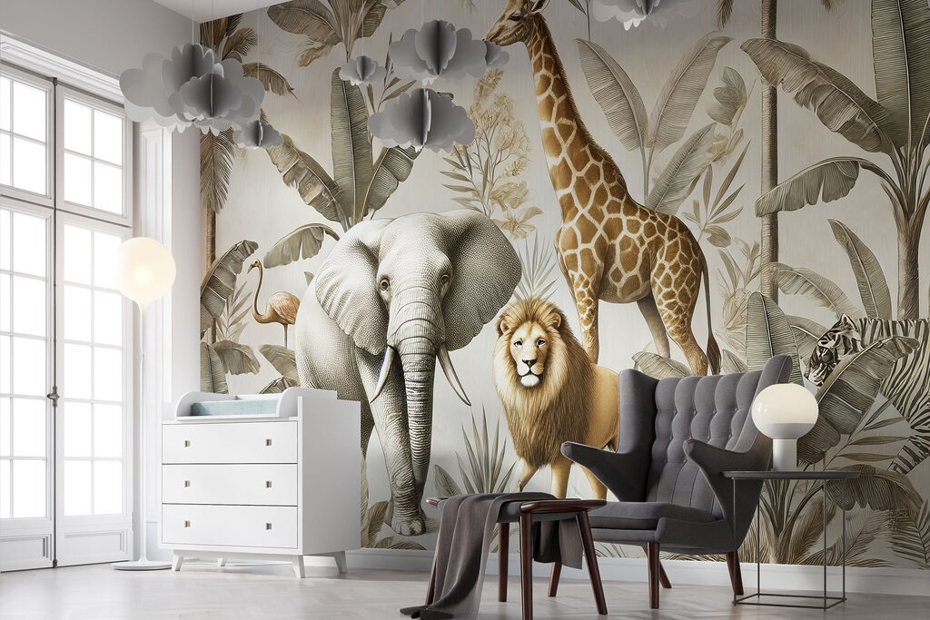 Wallpaper with animals and plants