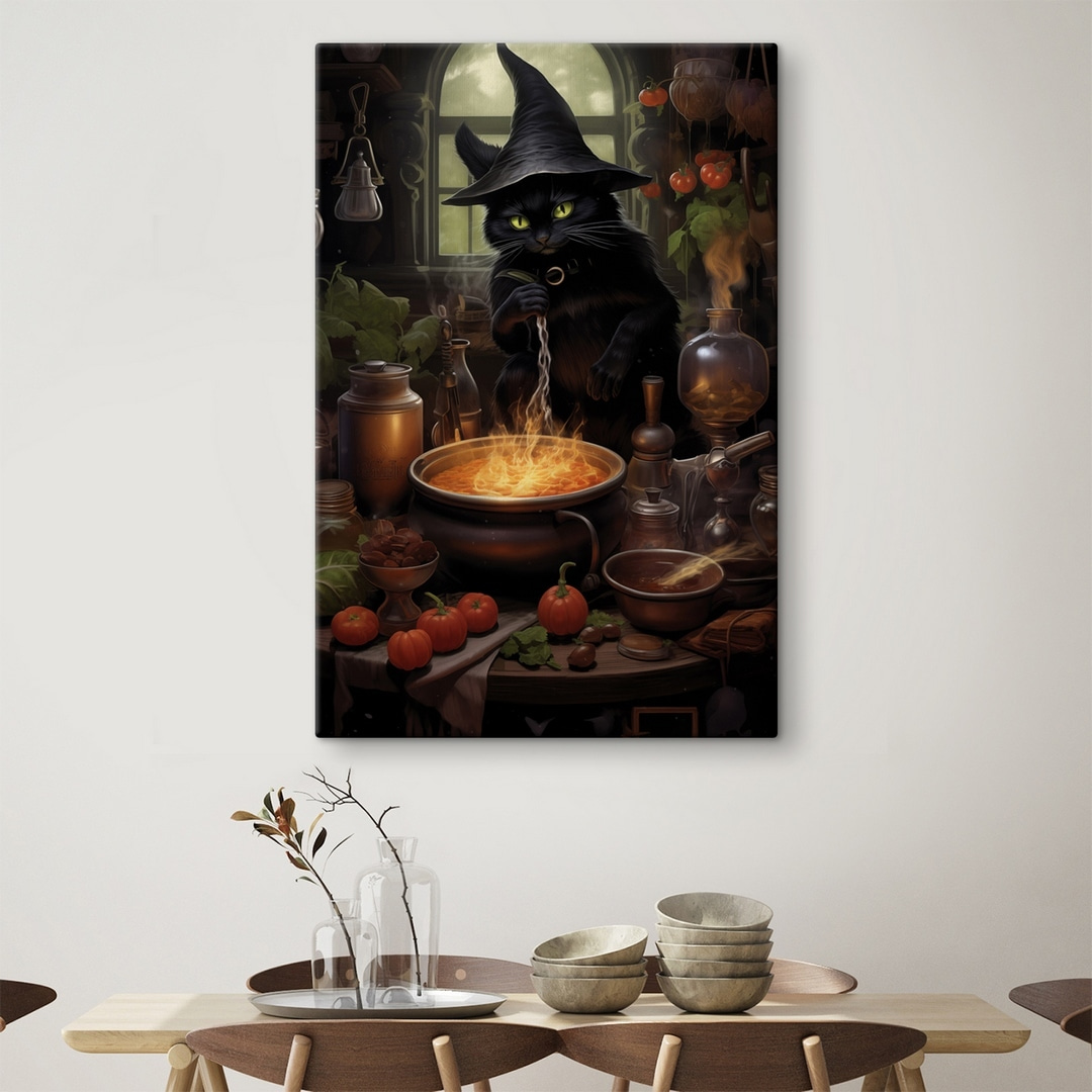 Cat in a person hat cooking a pot of food Cat in a person hat cooking a pot of food