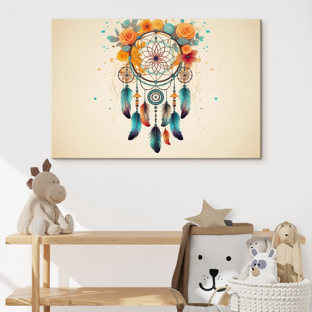 Dream catcher with flowers and feathers