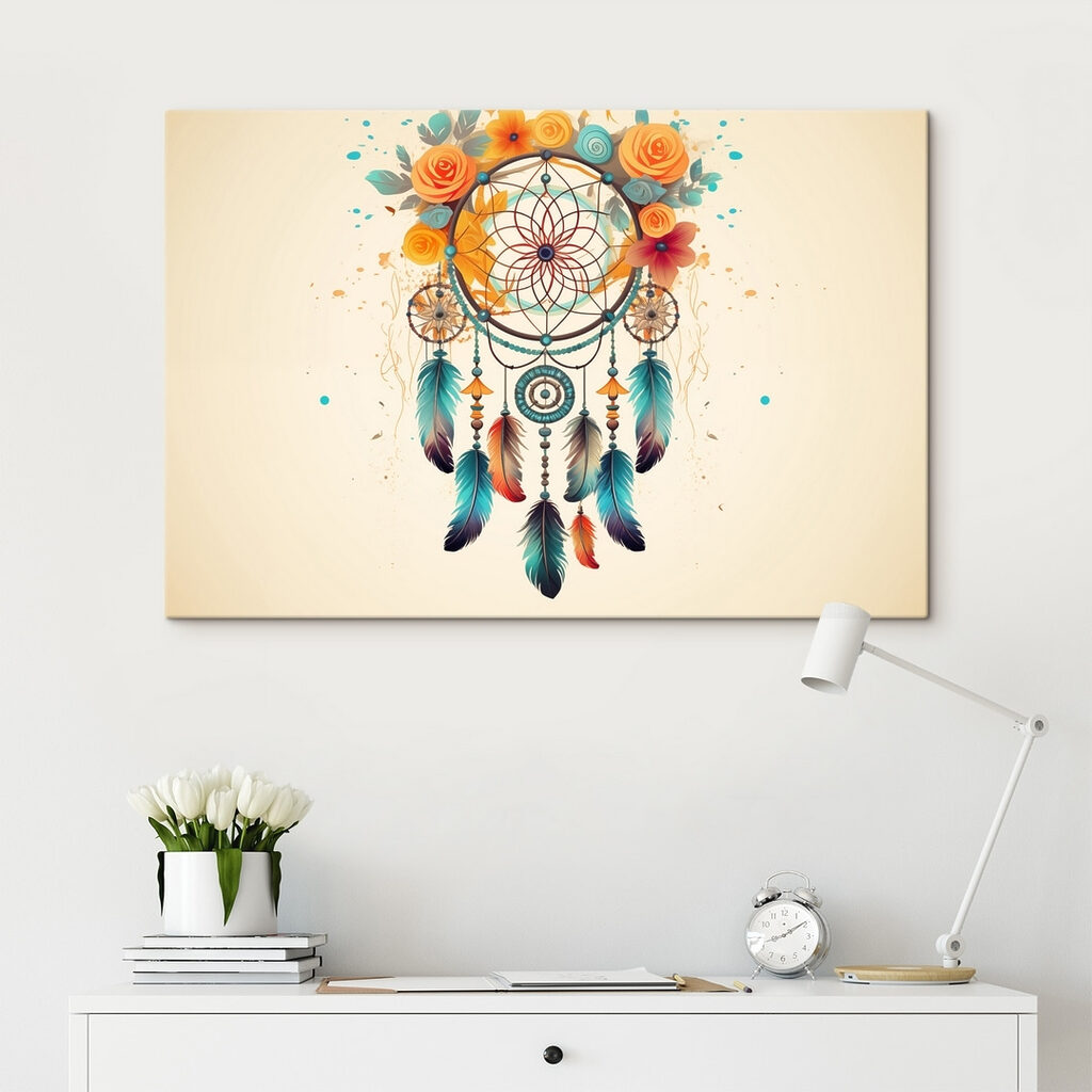 Dream catcher with flowers and feathers