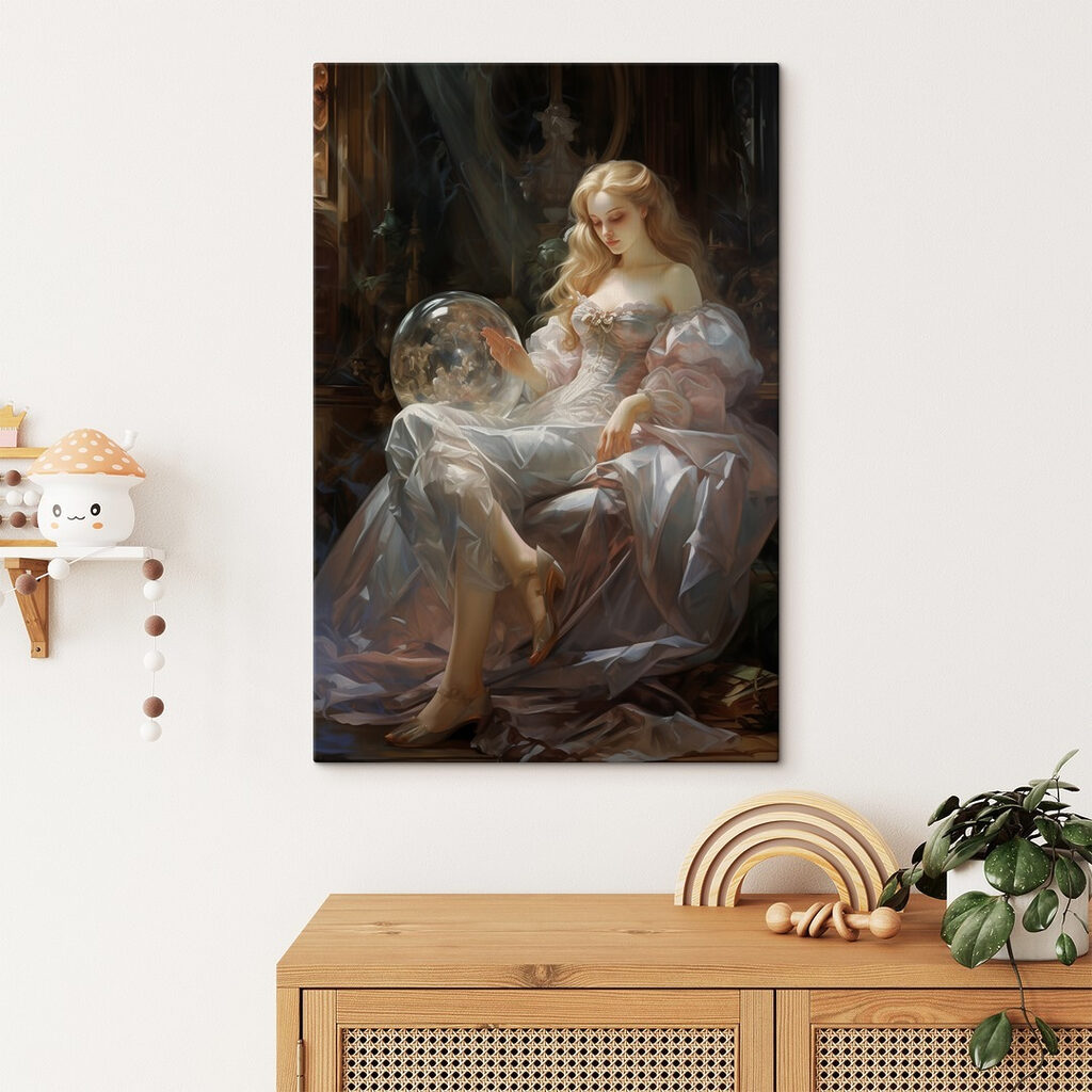 Woman in a dress holding a glass ball Woman in a dress holding a glass ball