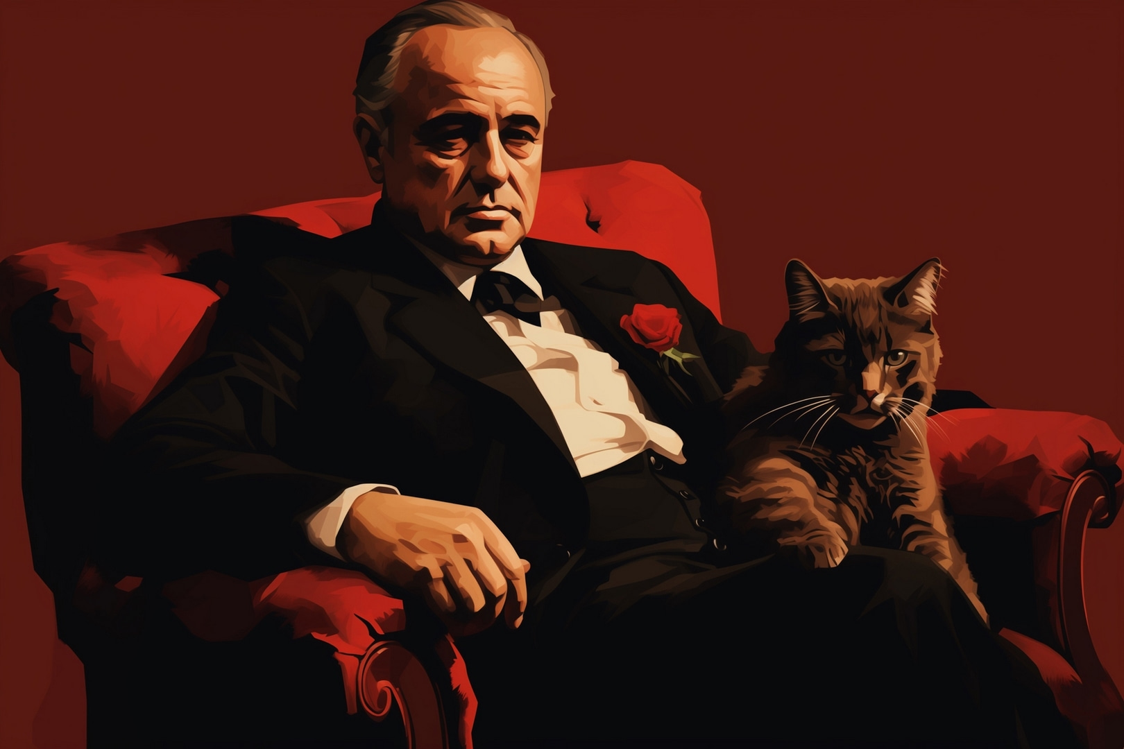 Man in a suit and tie sitting in a chair with a cat