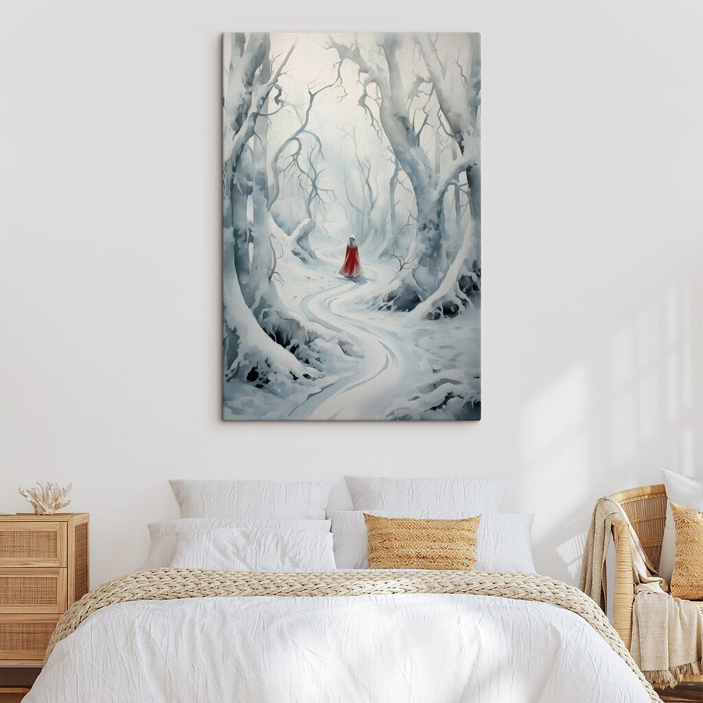 Person in a red cape walking through a snowy forest