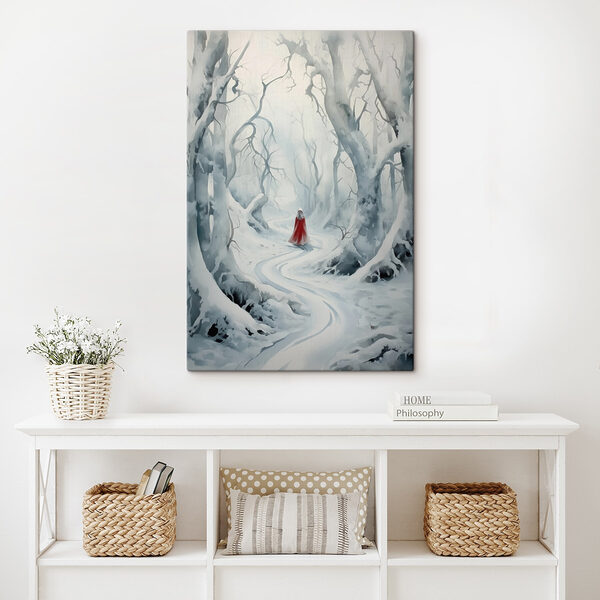 Person in a red cape walking through a snowy forest