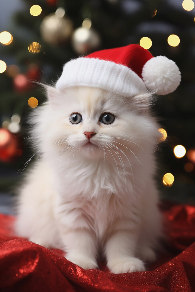 White kitten wearing a santa hat White kitten wearing a santa hat