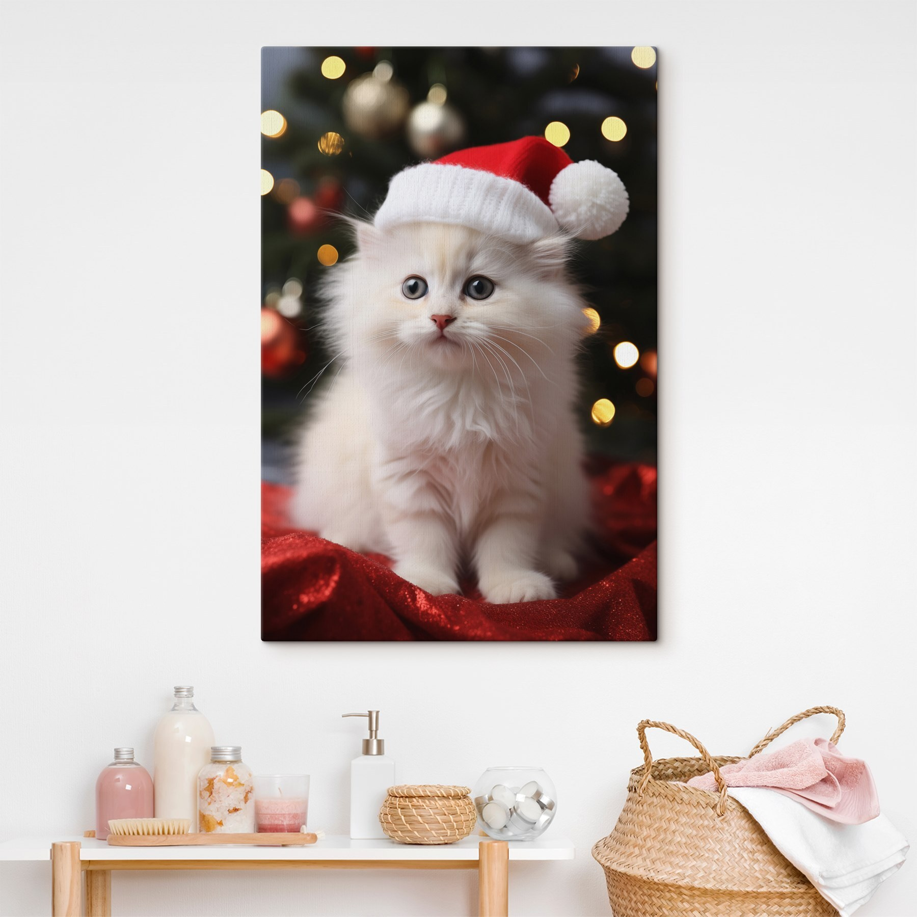 White kitten wearing a santa hat White kitten wearing a santa hat