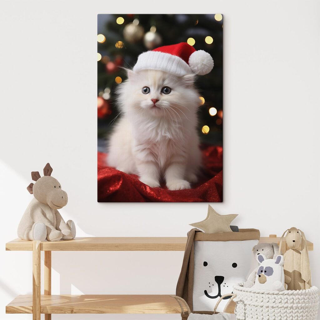 White kitten wearing a santa hat White kitten wearing a santa hat