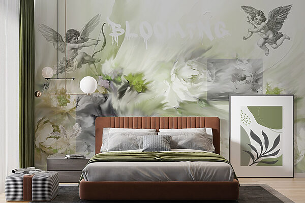 Pittura di angeli con arco e frecce su fiori Pittura di angeli con arco e frecce su fiori