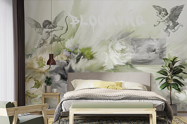 Pittura di angeli con arco e frecce su fiori Pittura di angeli con arco e frecce su fiori