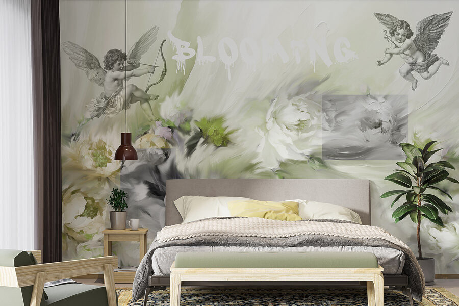 Pittura di angeli con arco e frecce su fiori