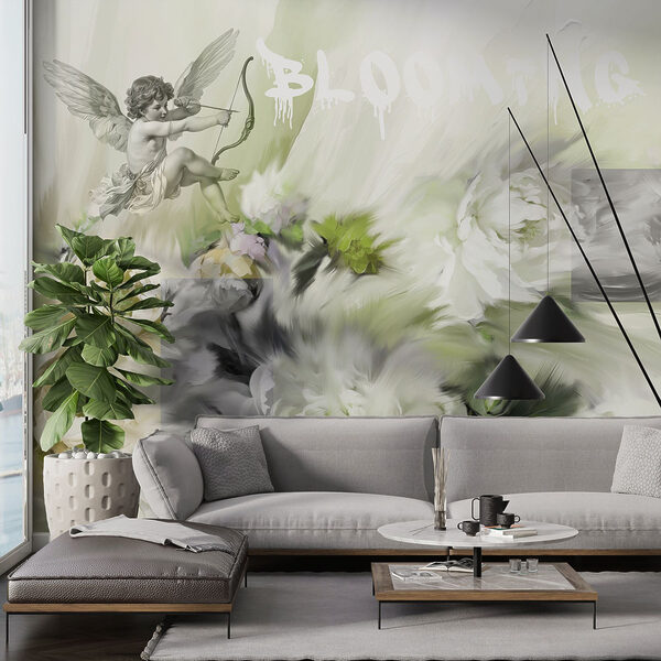 Pittura di angeli con arco e frecce su fiori Pittura di angeli con arco e frecce su fiori