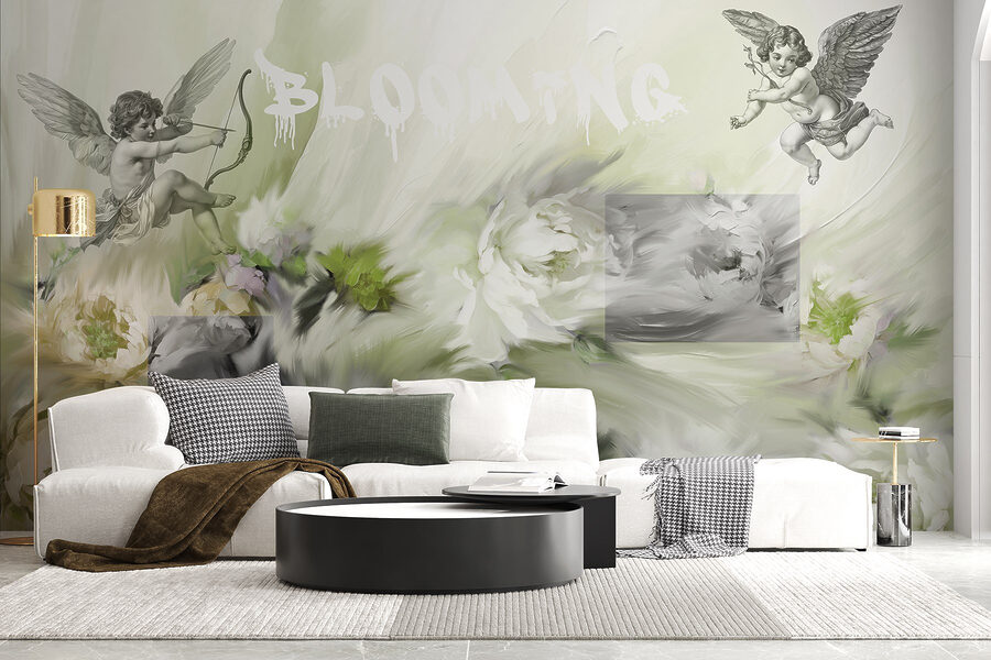 Pittura di angeli con arco e frecce su fiori