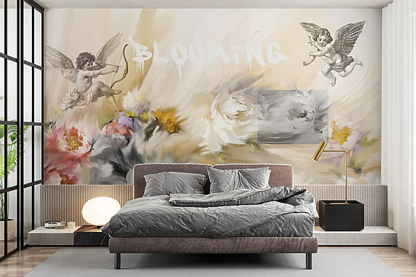 Pittura di angeli con arco e freccia che sparano fiori Pittura di angeli con arco e freccia che sparano fiori