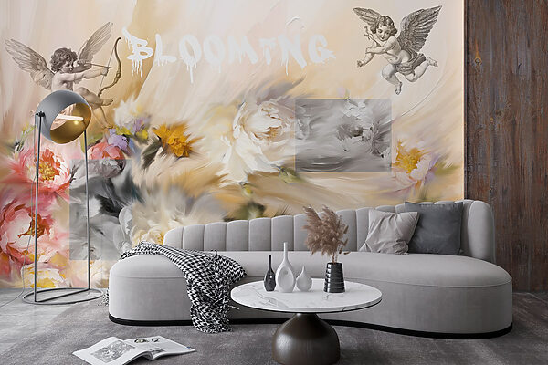 Pittura di angeli con arco e freccia che sparano fiori Pittura di angeli con arco e freccia che sparano fiori
