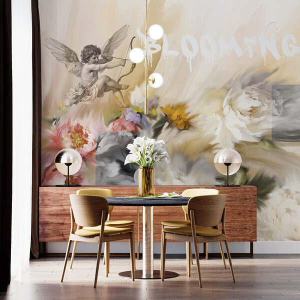 Pittura di angeli con arco e freccia che sparano fiori Pittura di angeli con arco e freccia che sparano fiori