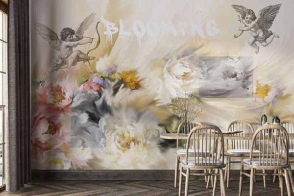 Pittura di angeli con arco e freccia che sparano fiori Pittura di angeli con arco e freccia che sparano fiori