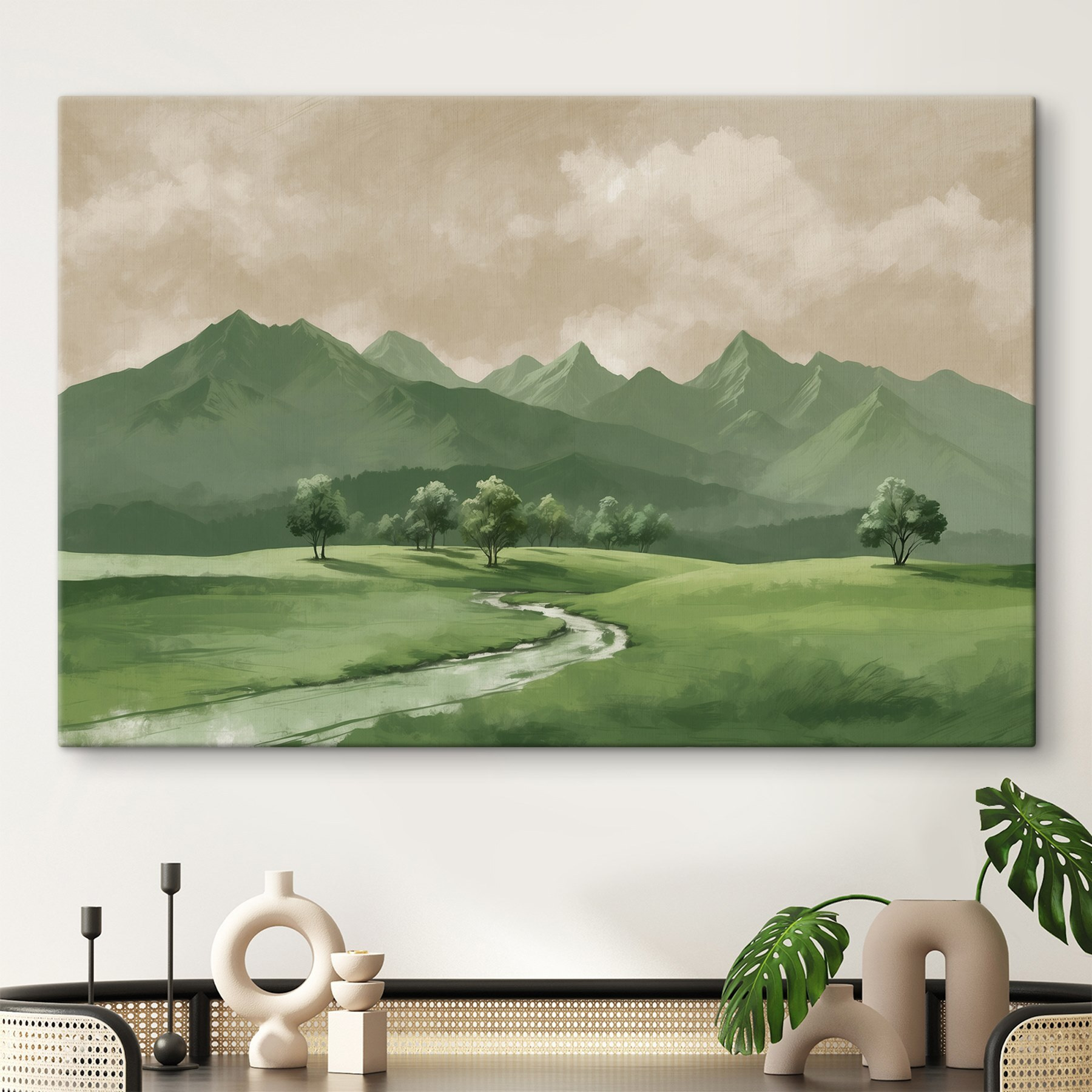 River running through a valley with trees and mountains River running through a valley with trees and mountains