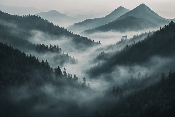 Foggy mountain range with trees Foggy mountain range with trees