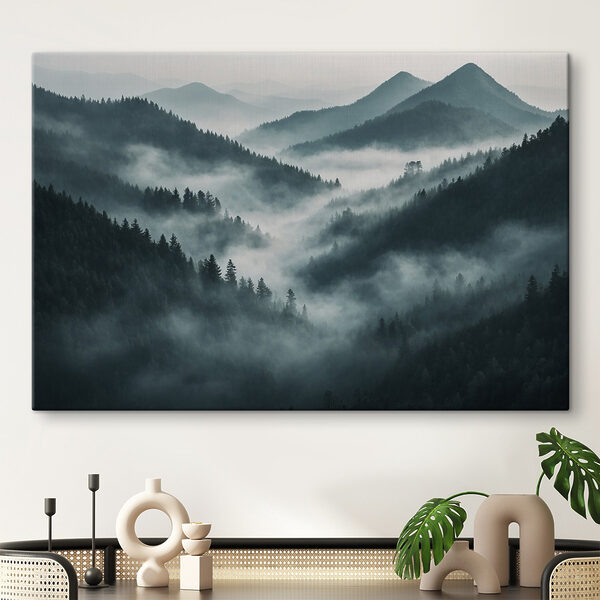 Foggy mountain range with trees Foggy mountain range with trees