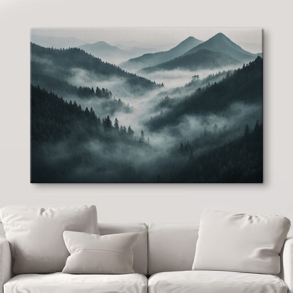 Foggy mountain range with trees Foggy mountain range with trees