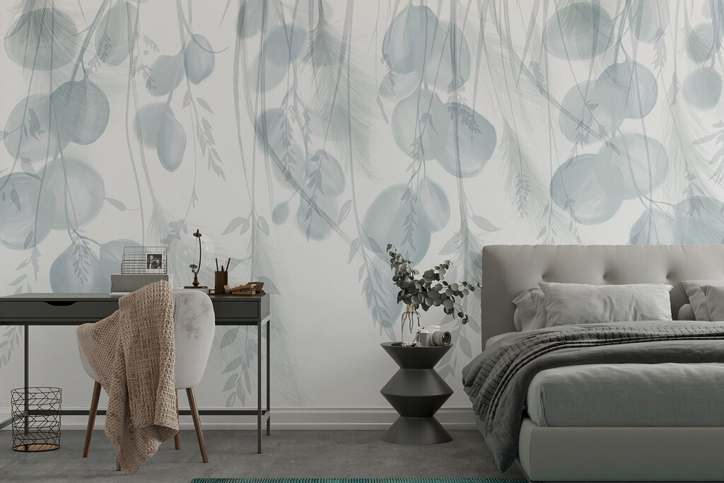 Carta da parati White and gray background with feathers and flowers (COD: w08380)