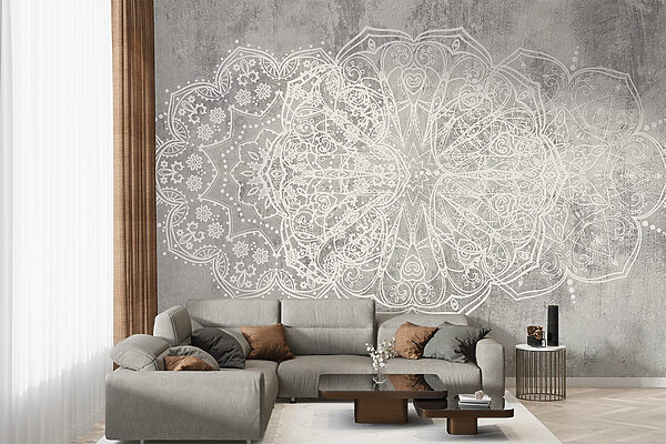 Disegno ornamentale bianco su superficie grigia Disegno ornamentale bianco su superficie grigia