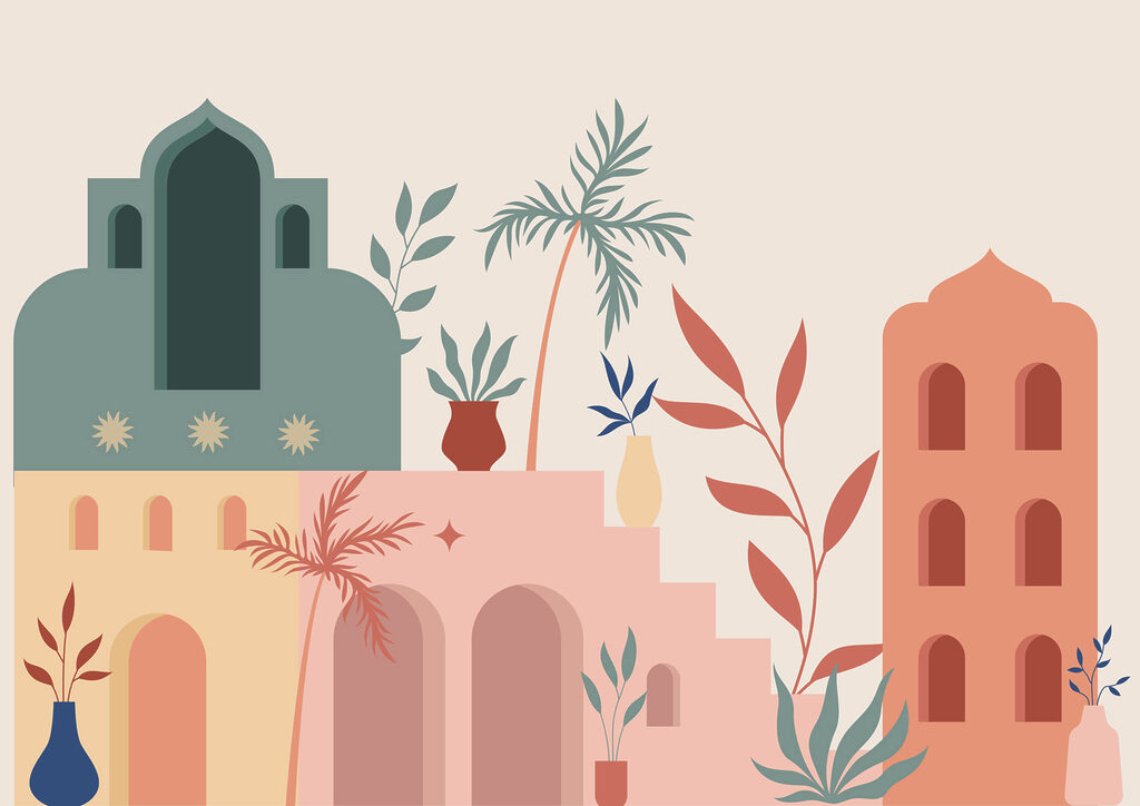 Illustrazione colorata di edifici e piante Illustrazione colorata di edifici e piante