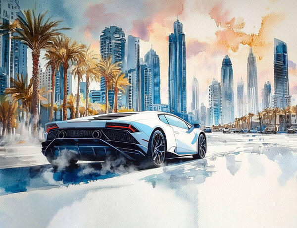 Pittura di un'auto sportiva bianca che guida su una strada con le palme Pittura di un'auto sportiva bianca che guida su una strada con le palme