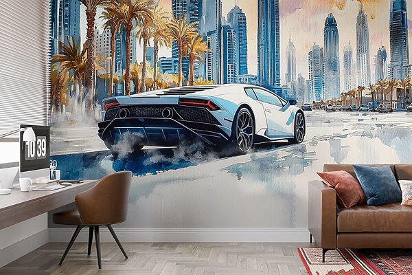 Pittura di un'auto sportiva bianca che guida su una strada con le palme Pittura di un'auto sportiva bianca che guida su una strada con le palme